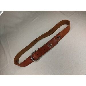 Wide Brown Leather Belt Stamped metal Detail Western Women's‎ 41"A70
